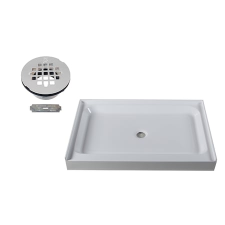 Westbrass Shower Pan 48 x 36 3-Wall W/ Center Plastic  Drain W/ Modern Cross Grid in Powder Coat White HPG4836WHP-50
